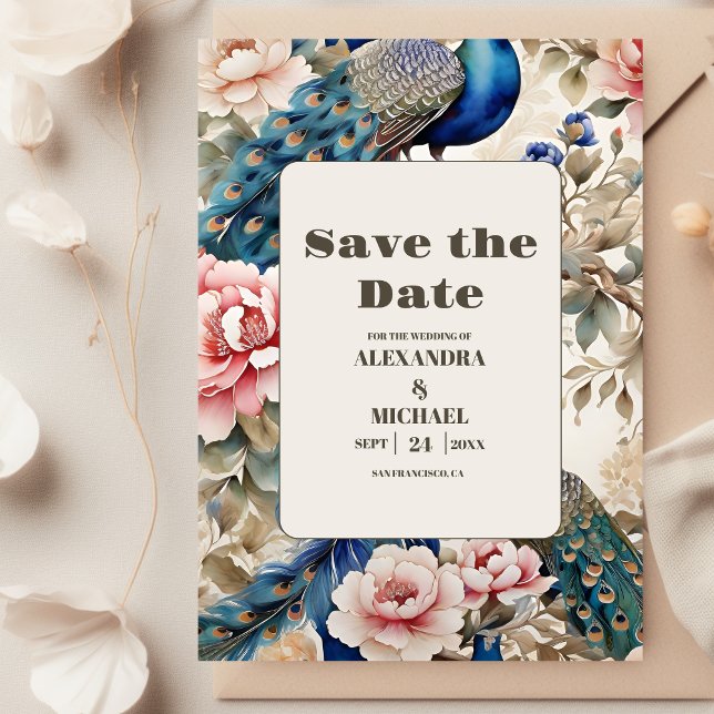 Watercolor Floral Peacock Chinoiserie Wedding Save The Date (Creator Uploaded)