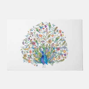 Watercolor floral peacock doormat