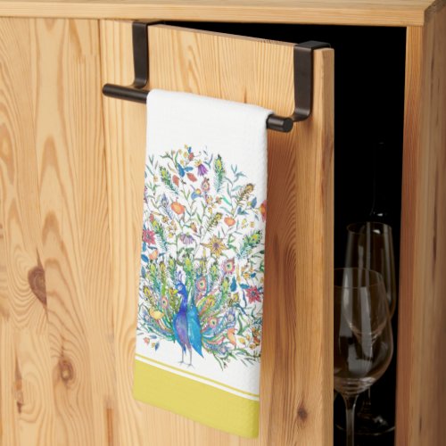 Watercolor floral peacock  kitchen towel