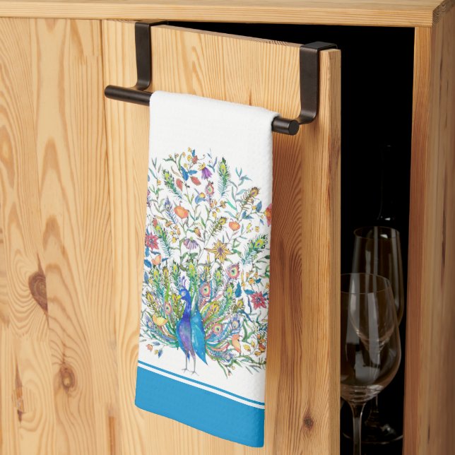 Watercolor floral peacock  kitchen towel (Thirds Fold)