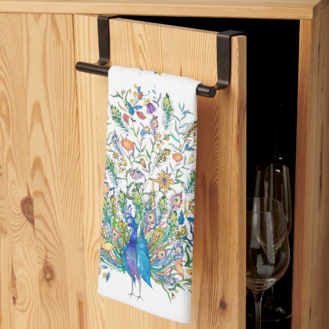 Watercolor floral peacock  kitchen towel (Thirds Fold)