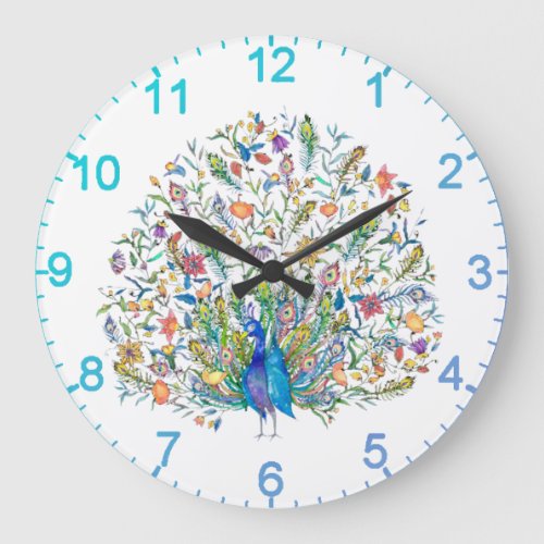 Watercolor floral peacock  large clock
