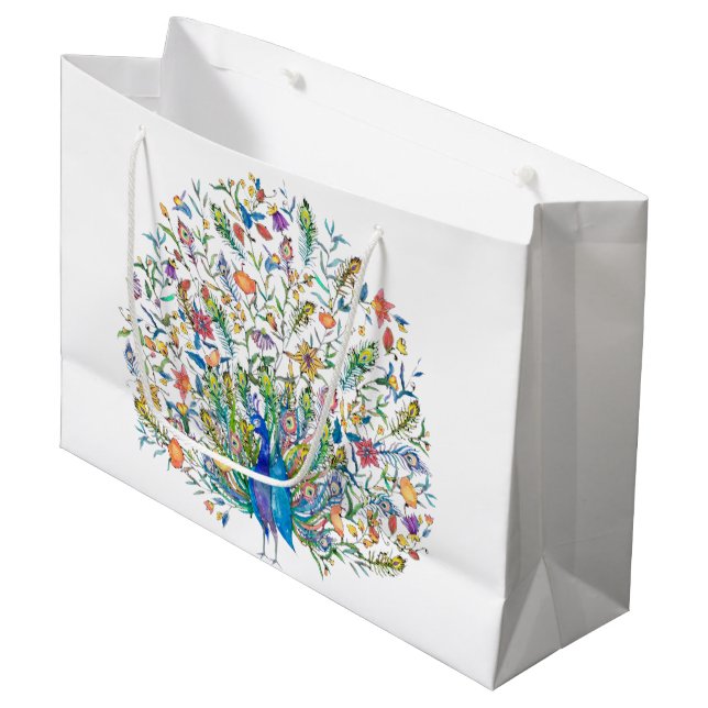Watercolor floral peacock  large gift bag (Front Angled)