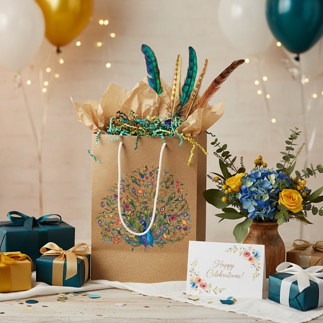 Watercolor floral peacock  medium gift bag (Creator Uploaded)