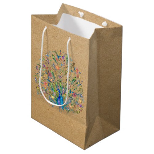 Watercolor floral peacock  medium gift bag