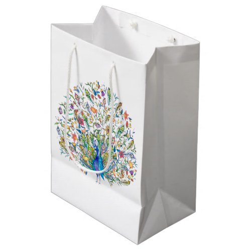 Watercolor floral peacock  medium gift bag