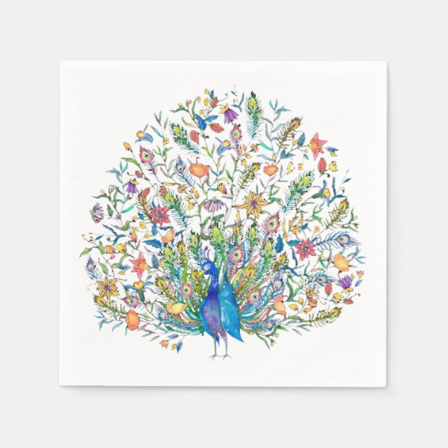 Watercolor floral peacock  napkins (Front)