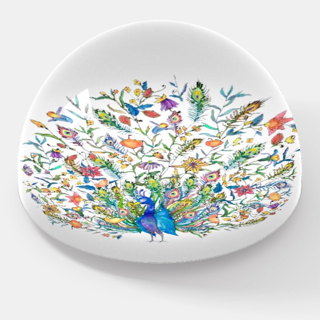 Watercolor floral peacock  paperweight (Angled)