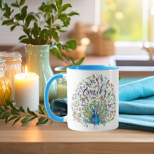 Watercolor floral peacock personalized coffee mug