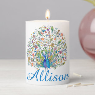 Watercolor floral peacock personalized pillar candle