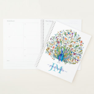 Watercolor floral peacock personalized planner