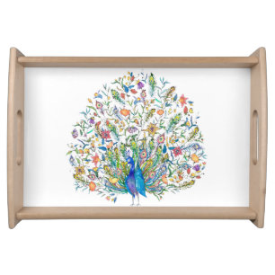 Watercolor floral peacock serving tray