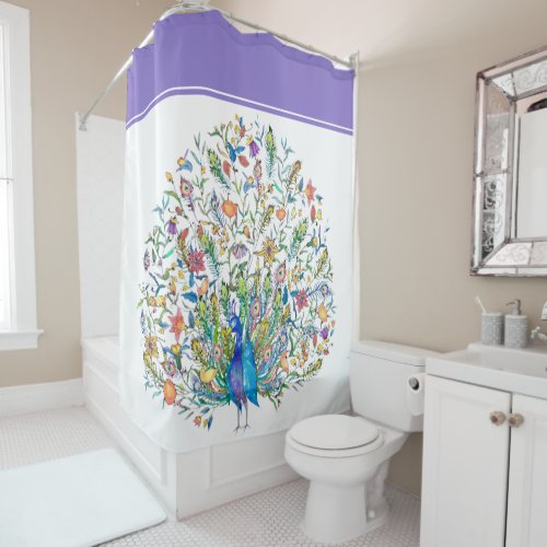 Watercolor floral peacock  shower curtain