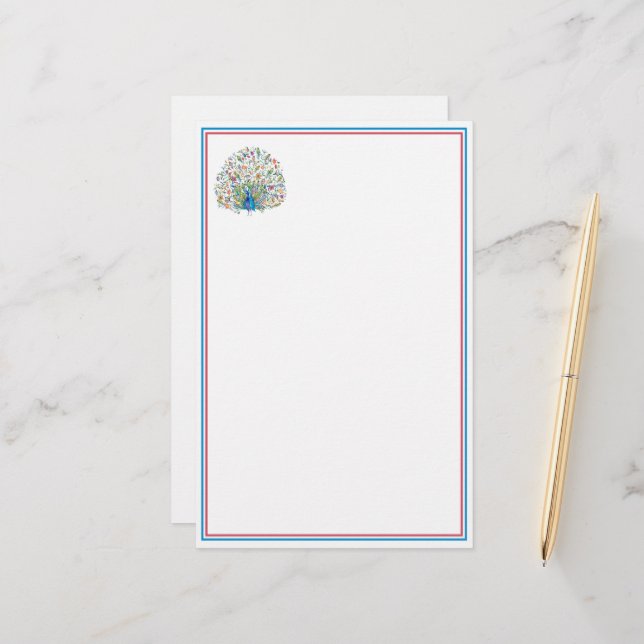 Watercolor floral peacock   stationery (Front/Back In Situ)