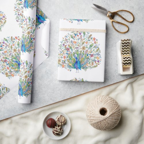 Watercolor floral peacock  wrapping paper