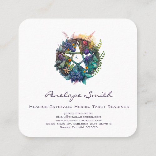 Watercolor Floral Pentagram Square Business Card