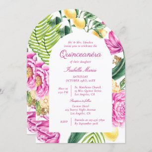Watercolor Floral Peonies Custom Photo Quinceañera Invitation
