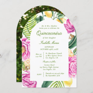 Watercolor Floral Peonies Lemon Photo Quinceañera Invitation