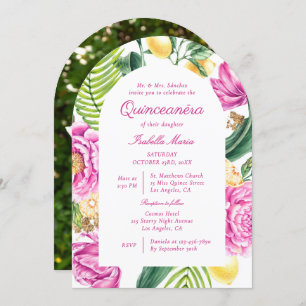 Watercolor Floral Peonies Lemon Photo Quinceañera Invitation