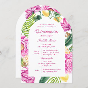 Watercolor Floral Peonies QR Code Quinceañera Invitation