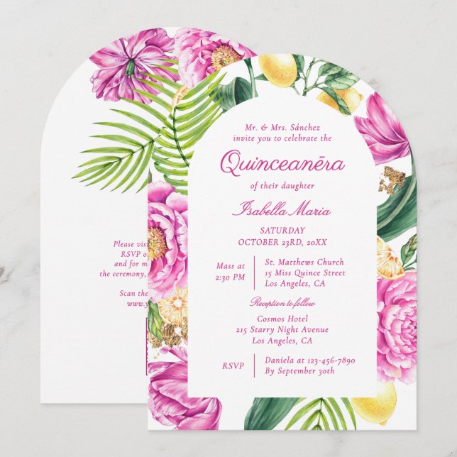 Watercolor Floral Peonies QR Code Quinceañera Invitation (Front/Back)