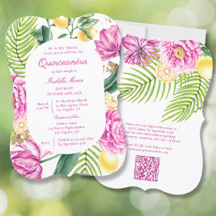 Watercolor Floral Peonies QR Code Quinceañera Invitation