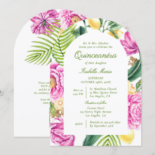 Watercolor Floral Peonies QR Code Quinceañera Invitation