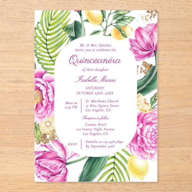 Watercolor Floral Peonies Tulips Lemon Quinceañera Acrylic Invitations (Front)