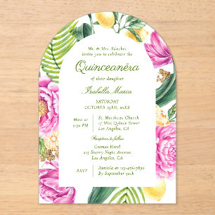 Watercolor Floral Peonies Tulips Lemon Quinceañera Acrylic Invitations