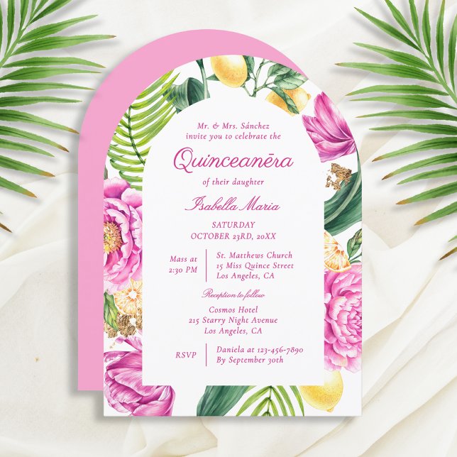 Watercolor Floral Peonies Tulips Lemon Quinceañera Invitation (Creator Uploaded)