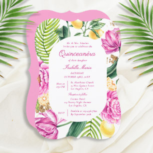 Watercolor Floral Peonies Tulips Lemon Quinceañera Invitation