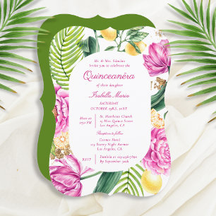Watercolor Floral Peonies Tulips Lemon Quinceañera Invitation