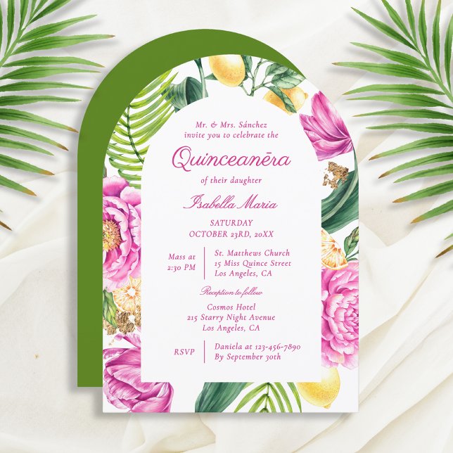 Watercolor Floral Peonies Tulips Lemon Quinceañera Invitation (Creator Uploaded)