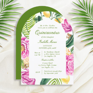 Watercolor Floral Peonies Tulips Lemon Quinceañera Invitation