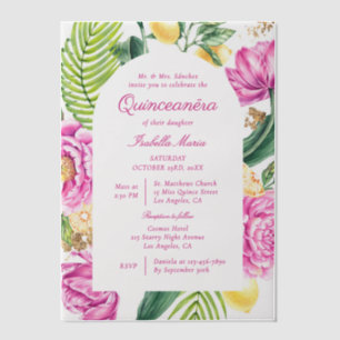Watercolor Floral Peonies Tulips Lemon Quinceañera Vellum Invitations