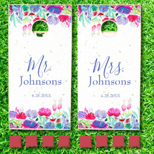 Watercolor Floral Peonies Wedding Mr. Mrs. Cornhole Set