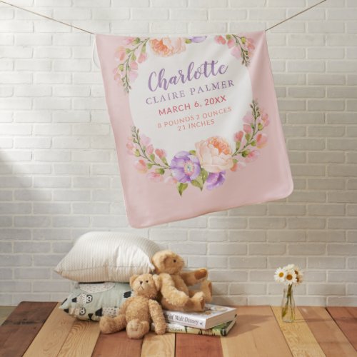 Watercolor Floral Personalized Baby Birth Stats Baby Blanket
