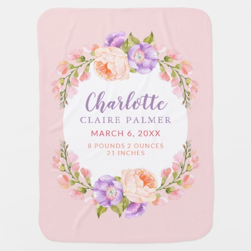 Watercolor Floral Personalized Baby Birth Stats Baby Blanket