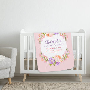 Watercolor Floral Personalized Baby Birth Stats Blanket