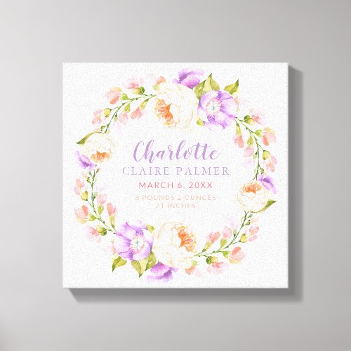 Watercolor Floral Personalized Baby Birth Stats Canvas Print
