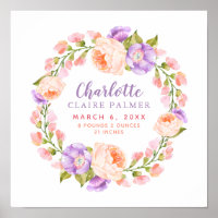 Watercolor Floral Personalized Baby Birth Stats Poster