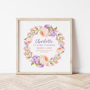 Watercolor Floral Personalized Baby Birth Stats Poster
