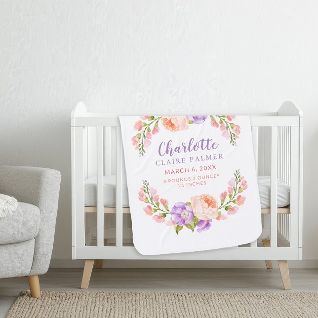 Watercolor Floral Personalized Baby Birth Stats Receiving Blanket (Creator Uploaded)