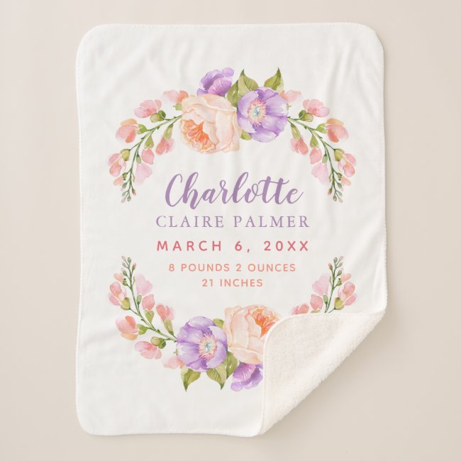 Watercolor Floral Personalized Baby Birth Stats Sherpa Blanket