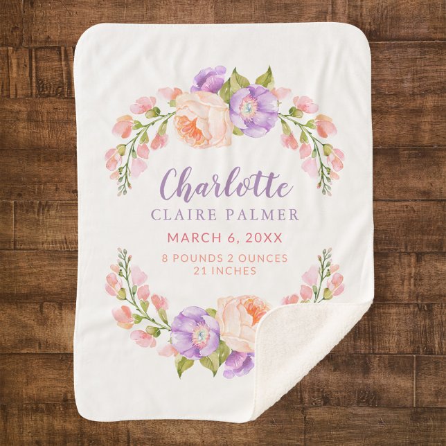 Watercolor Floral Personalized Baby Birth Stats Sherpa Blanket (Creator Uploaded)