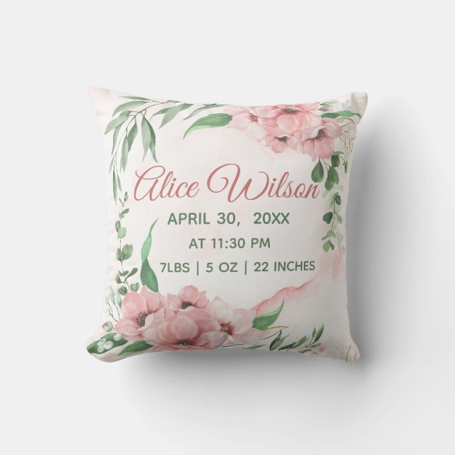 Watercolor Floral Personalized Baby Birth Stats  Throw Pillow (Front)