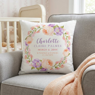 Watercolor Floral Personalized Baby Birth Stats Throw Pillow