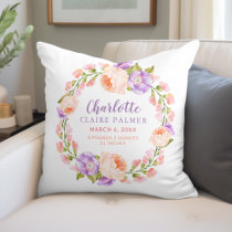 Watercolor Floral Personalized Baby Birth Stats Throw Pillow