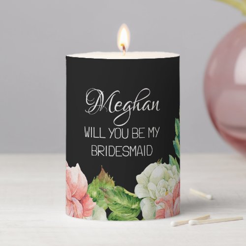 Watercolor Floral  Personalized Bridesmaid  Pillar Candle