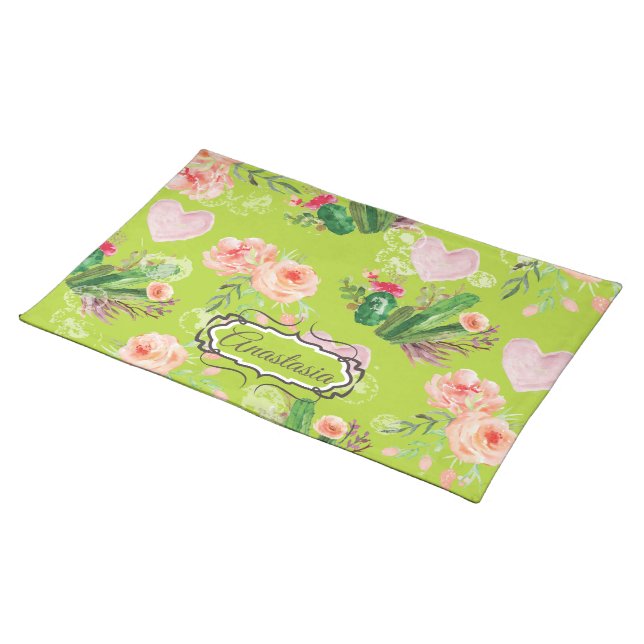 Watercolor Floral Personalized Cactus Cloth Placemat (On Table)